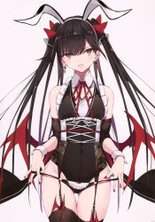 Rule 34 | 1girl, :o, absurdres, animal ears, bare shoulders, black hair, black leotard, black panties, black thighhighs, blush, bow, cowboy shot, cross, cross earrings, demon wings, detached collar, detached sleeves, earrings, fake animal ears, frills, garter straps, hair bow, highres, jewelry, leotard, long hair, looking at viewer, nail polish, nanananana, neck ribbon, open mouth, original, panties, panty pull, rabbit ears, red bow, red eyes, red nails, red ribbon, ribbon, scan, simple background, solo, standing, thigh gap, thighhighs, twintails, underbust, underwear, very long hair, white background, wide sleeves, wings, wrist cuffs