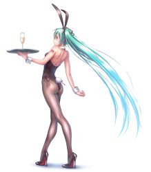 Rule 34 | 1girl, alcohol, alternate costume, animal ears, aqua eyes, aqua hair, aqua nails, arched back, ass, back-seamed legwear, bare shoulders, black footwear, black hairband, black leotard, black pantyhose, black ribbon, blue hair, blush, champagne, champagne flute, closed mouth, cup, drinking glass, fake animal ears, fake tail, fingernails, from behind, gradient hair, hairband, hatsune miku, high heels, highres, holding, holding tray, huge ass, leotard, long hair, looking back, multicolored hair, nail polish, number tattoo, pantyhose, playboy bunny, profile, rabbit ears, rabbit tail, ribbon, seamed legwear, shoulder blades, shoulder tattoo, side-tie leotard, simple background, smile, solo, strapless, strapless leotard, tail, tareme, tattoo, tray, very long hair, vocaloid, white background, wokada, wrist cuffs