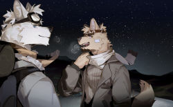 Rule 34 | 2boys, animal ears, bandaid, bandaid on cheek, bandaid on face, bara, beige fur, blue eyes, body fur, breath, camping, dog boy, dog ears, dog tail, facial hair, furry, furry male, goatee, goggles, goggles on head, highres, light blush, looking at viewer, male focus, multiple boys, original, scarf, seato-hao, short hair, snout, striped, tail, thick eyebrows, white fur, winter clothes