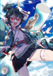 Rule 34 | 1boy, :d, absurdres, bishounen, child, chromatic aberration, cloud, cloudy sky, cowboy shot, crossed bangs, day, dutch angle, green hair, grin, hands up, hannya (onmyoji), high ponytail, highres, looking at viewer, male focus, mask, mask on head, motion blur, moto mitsuashi, onmyoji, open mouth, outdoors, outstretched arms, red eyes, short hair, shorts, sky, slit pupils, smile, solo
