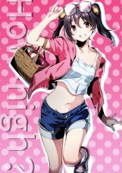 Rule 34 | 1girl, arm up, black hair, blue shorts, breasts, collarbone, denim, denim shorts, glasses, grin, groin, hair between eyes, head tilt, hood, hood down, hooded jacket, jacket, long hair, long sleeves, looking at viewer, love live!, love live! school idol festival, love live! school idol project, midriff, nakano maru, navel, open clothes, open jacket, pink-framed eyewear, pink jacket, red eyes, short shorts, shorts, small breasts, smile, solo, spaghetti strap, standing, standing on one leg, stomach, striped tank top, tank top, twintails, white tank top, yazawa nico