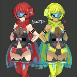 Rule 34 | 2girls, alternate color, armlet, armpits, blonde hair, blue eyes, boots, breasts, character name, cleavage, creatures (company), dark-skinned female, dark skin, deoxys, deoxys (normal), dual persona, game freak, gen 3 pokemon, gloves, hands on own hips, hip focus, hopebiscuit, knees, legs, medium breasts, midriff, multiple girls, mythical pokemon, navel, nintendo, one eye covered, panties, personification, pink hair, pokemon, red hair, red legwear, scarf, see-through, shiny and normal, shiny pokemon, short hair, sleeveless, thigh boots, thighhighs, underwear, yellow legwear