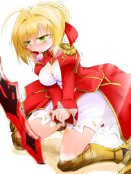 Rule 34 | 1girl, absurdres, aestus estus, ahoge, anbee (arary), armored boots, between legs, blonde hair, blush, boots, braid, breasts, cleavage, closed mouth, coat, dress, embarrassed, epaulettes, fate/extra, fate (series), female focus, french braid, green eyes, hair bun, hair intakes, half-closed eyes, hand between legs, have to pee, highres, juliet sleeves, knee boots, kneeling, long sleeves, mouth hold, nero claudius (fate), nero claudius (fate) (all), nero claudius (fate/extra), nose blush, peeing, peeing self, planted, planted sword, planted weapon, puddle, puffy sleeves, red coat, see-through, short hair, simple background, single hair bun, solo, steam, sword, tears, trembling, v arms, wavy mouth, weapon, wet, wet clothes, white background, white dress, yellow footwear