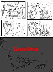 Rule 34 | 1boy, 1girl, 5koma, ?, anger vein, angry, ass, braid, camera, comic, crown braid, earrings, emphasis lines, empty eyes, game over, greyscale, highres, holding, holding camera, jewelry, link, long hair, looking at another, lying, master sword, monochrome, motion lines, nintendo, on side, open mouth, pants, pervert, pointing, pointy ears, ponytail, princess zelda, serious, sheath, shield, shimure (460), shirt, sidelocks, spoken anger vein, spoken question mark, spot color, sword, the legend of zelda, the legend of zelda: breath of the wild, user interface, viewfinder, walking, weapon