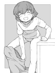 Rule 34 | 1girl, absurdres, arm support, closed eyes, commentary, facing viewer, freckles, girls und panzer, gluteal fold, greyscale, highres, jumpsuit, jumpsuit pull, leaning forward, mechanic, monochrome, open mouth, outside border, panties, pulled by self, renshiu, shirt, short hair, short sleeves, smile, solo, standing, standing on one leg, sweat, tsuchiya (girls und panzer), underwear, undressing