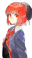 Rule 34 | 1girl, arima kana, beret, black hat, black sweater vest, blue jacket, bob cut, bow, bowtie, closed mouth, collared shirt, commentary, dress shirt, hat, jacket, looking at viewer, open clothes, open jacket, oshi no ko, plum (redlittleplum1), red bow, red bowtie, red eyes, red hair, school uniform, shirt, short hair, simple background, solo, sweater vest, upper body, white background, white shirt, youtou high school uniform