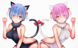 Rule 34 | 10s, 2girls, :3, animal ears, aran sweater, ass, backless dress, backless outfit, bare shoulders, bell, black dress, black sweater, blue eyes, blue hair, blunt bangs, bow, breasts, cable knit, cat ears, cat tail, closed mouth, collarbone, dress, female focus, hair bell, hair ornament, hair over one eye, hair ribbon, halterneck, hand up, highres, jingle bell, kemonomimi mode, large breasts, looking at viewer, medium breasts, meme attire, multiple girls, naked sweater, no bra, no panties, paw pose, pink eyes, pink hair, pink lips, ram (re:zero), re:zero kara hajimeru isekai seikatsu, red bow, red ribbon, rem (re:zero), ribbed sweater, ribbon, short hair, siblings, sideboob, simple background, sisters, slass, sleeveless, sleeveless turtleneck, smile, sweater, sweater dress, tail, tail bow, tail ornament, turtleneck, turtleneck sweater, twins, virgin killer sweater, white background, white dress, white sweater, x hair ornament