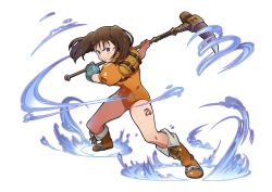 Rule 34 | 10s, 1girl, boots, brown hair, diane (nanatsu no taizai), full body, holding, holding weapon, legs apart, leotard, looking at viewer, nanatsu no taizai, official art, purple eyes, short hair, short sleeves, simple background, solo, tattoo, twintails, two-handed, weapon, white background, wide stance