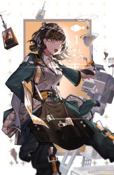 Rule 34 | 1girl, absurdres, arknights, black pants, bowl, breasts, brown hair, buckle, collared shirt, drone, fish, food, grey shirt, hair ornament, hand on own hip, hand up, highres, holding, holding bowl, long sleeves, looking at viewer, magallan (arknights), magallan (shaved-ice memories) (arknights), medium breasts, multicolored hair, official alternate costume, open mouth, pants, shirt, short hair, smile, solo, star (symbol), strap, streaked hair, tagme, tongue, yellow eyes, yuan long