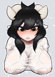 Rule 34 | 1girl, black hair, blush, breasts, highres, horns, large breasts, nipples, see-through, sheep, shirt, simple background, snowyfeline, solo, sweat, teeth, wet, wet clothes, wet shirt, yellow eyes
