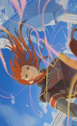 Rule 34 | 1boy, asch (tales), black shirt, blue sky, cloud, commentary, green eyes, highres, long hair, looking at viewer, magic, male focus, meba, parted lips, pillar, red hair, shirt, sidelocks, sky, solo, surcoat, tales of (series), tales of the abyss, upper body