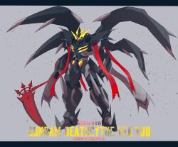 Rule 34 | character name, copyright name, full body, glowing, glowing eyes, grey background, gundam, gundam deathscythe, gundam wing, highres, holding, holding scythe, letterboxed, mecha, mechanical wings, mobile suit, no humans, robot, science fiction, scythe, v-fin, wings, yuu (s graphics tri)