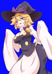 Rule 34 | 1girl, absurdres, apron, black hat, black skirt, black vest, blonde hair, blue background, blue eyes, blush stickers, bow, braid, breasts, buttons, commentary request, cookie (touhou), feet out of frame, hair between eyes, hair bow, hat, hat bow, highres, kirisame marisa, long hair, looking at viewer, master nabesama, medium breasts, open mouth, purple bow, side braid, simple background, single braid, skirt, sleeves past fingers, sleeves past wrists, solo, touhou, vest, waist apron, white apron, witch hat, yuuhi (cookie)