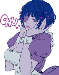 Rule 34 | 1girl, apron, blue hair, breasts, chainsaw man, cleavage, eyepatch, frilled apron, frills, hands on own face, highres, himeno (chainsaw man), large breasts, looking at viewer, pecopecosupipi, puffy short sleeves, puffy sleeves, purple eyes, short hair, short sleeves, simple background, solo, white apron, white background, wrist cuffs