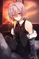 Rule 34 | 1girl, absurdres, arm support, bad id, bad pixiv id, bare shoulders, between breasts, black pantyhose, black vest, blurry, blurry background, blush, bokeh, breasts, closed mouth, collared vest, depth of field, detached sleeves, evening, eyes visible through hair, fate/grand order, fate (series), glasses, hair over one eye, highres, hplay, indoors, jacket, knees up, legs, light particles, long sleeves, looking at viewer, mash kyrielight, medium breasts, messy hair, necktie, necktie between breasts, off shoulder, open clothes, open jacket, panties, pantyhose, pantyshot, purple eyes, purple hair, red necktie, short hair, sitting, sleeves past wrists, solo, sunset, underwear, vest, wavy mouth, white panties