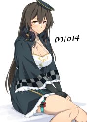 Rule 34 | 1girl, absurdres, aqua dress, aqua headwear, black gloves, breasts, brown hair, character name, cleavage, closed mouth, collarbone, dress, elbow gloves, feet out of frame, fingerless gloves, girls&#039; frontline, gloves, headphones, headphones around neck, heterochromia, highres, light blush, lips, long hair, looking at viewer, m1014 (girls&#039; frontline), medium breasts, mosa331, red eyes, sitting, smile, solo, thighs, white background, wide sleeves, yellow eyes