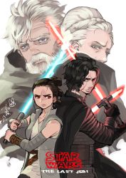 Rule 34 | 2boys, 2girls, animification, brother and sister, cape, commentary request, energy sword, highres, kazue kato, kylo ren, lightsaber, luke skywalker, mother and son, multiple boys, multiple girls, princess leia, rey (star wars), scar, scar across eye, scar on face, siblings, signature, star wars, star wars: the last jedi, sword, uncle and nephew, weapon
