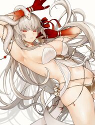 Rule 34 | 1girl, arm up, bracelet, breasts, durga (fate), earrings, fate/grand order, fate (series), hair ribbon, half-closed eyes, highres, jewelry, large breasts, long hair, navel, red eyes, ribbon, snake, sumi (gfgf 045), thumb ring, white background, white hair