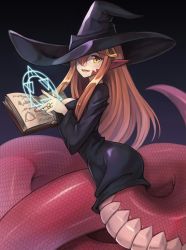 Rule 34 | 1girl, :d, animal ears, black dress, black hat, blue background, book, breasts, casting spell, commission, dress, gradient background, hair ornament, hat, highres, holding, holding book, jewelry, lamia, large breasts, long hair, looking at viewer, looking to the side, magic circle, miia (monster musume), monster girl, monster musume no iru nichijou, open book, open mouth, orange hair, pointy ears, red eyes, ring, scales, smile, solo, sookmo, wedding band, witch, witch hat, yellow eyes