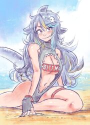 Rule 34 | 1girl, beach, breasts, commentary, day, english commentary, fingerless gloves, fins, fish tail, gloves, hair ornament, highres, jd benefield, mako sameshima, medium breasts, mole, multicolored hair, navel, ocean, one-piece swimsuit, outdoors, prism project, red eyes, sand, shark fin, shark girl, shark tail, sharp teeth, skull hair ornament, solo, swimsuit, tail, teeth, thigh strap, virtual youtuber
