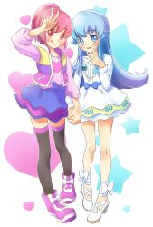 Rule 34 | 10s, 2girls, :q, aino megumi, black legwear, blue-fin, blue eyes, blue hair, blue skirt, full body, holding hands, happinesscharge precure!, heart, long hair, multiple girls, pink eyes, pink hair, ponytail, precure, shirayuki hime, shirt, shoes, short hair, sidelocks, skirt, smile, sneakers, star (symbol), thighhighs, tongue, tongue out, v, vest, white skirt