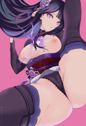 Rule 34 | 1girl, ass, ass focus, black panties, blunt bangs, breasts, breasts out, cameltoe, electricity, genshin impact, groin, hair ornament, highres, japanese clothes, kimono, long hair, looking at viewer, medium breasts, mole, mole under eye, naopy, nipples, panties, parted lips, pink background, purple eyes, purple hair, raiden shogun, resolution mismatch, simple background, solo, source larger, spread legs, thick thighs, thighhighs, thighs, underwear
