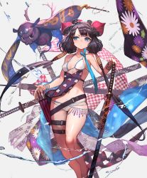 Rule 34 | 1girl, animal, arms up, bangle, bare shoulders, barefoot, belt, bikini, blue eyes, bracelet, breasts, collarbone, fate/grand order, fate (series), floral print, flower, goggles, goggles on head, grey background, hair flower, hair ornament, hand on hilt, highres, jewelry, katana, katsushika hokusai (fate), katsushika hokusai (swimsuit saber) (fate), lack, long hair, looking at viewer, low twintails, multiple swords, octopus, purple hair, sheath, sheathed, sitting, small breasts, standing, swimsuit, sword, thigh strap, tokitarou (fate), twintails, v-shaped eyebrows, very long hair, water, weapon, white bikini