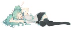 Rule 34 | 1girl, aqua hair, aqua necktie, arm behind head, armpits, bare arms, black footwear, black skirt, black thighhighs, breasts, center frills, closed eyes, collared shirt, commentary request, drooling, elbow rest, facing viewer, frills, full body, gradient hair, grey shirt, hair spread out, hand on own head, hatsune miku, highres, long hair, lying, medium breasts, miniskirt, motion lines, multicolored hair, necktie, on side, open mouth, pleated skirt, shirinda fureiru, shirt, skirt, sleepy, sleeveless, sleeveless shirt, solo, stretching, swept bangs, thighhighs, twintails, very long hair, vocaloid, white background, wing collar, zettai ryouiki