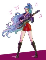 Rule 34 | 1girl, angry, blue hair, boots, evil, female focus, full body, guitar, high ponytail, holding, holding instrument, instrument, knee boots, legs, long hair, millorart, music, nefertari vivi, one piece, playing instrument, ponytail, red skirt, shoes, skirt, solo, standing, thighs, white background