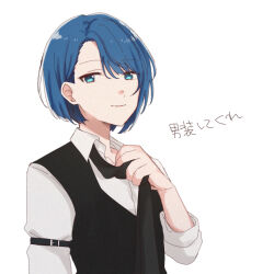 Rule 34 | 1girl, arm strap, black necktie, black vest, blue eyes, blue hair, closed mouth, collared shirt, commentary, dress shirt, film grain, hair between eyes, highres, kiritani haruka, long sleeves, looking at viewer, necktie, project sekai, shirt, short hair, simple background, solo, translation request, upper body, vest, white background, white shirt, yarou (0tyaro)