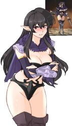 Rule 34 | 1girl, absurdres, alternate costume, angry, armor, ayra (fire emblem), black eyes, black hair, blush, boots, breasts, bridal gauntlets, cape, cleavage, clenched teeth, cosplay, covering breasts, covering privates, earrings, elbow gloves, elf, fire emblem, fire emblem: genealogy of the holy war, fur collar, gloves, highres, jewelry, large breasts, long hair, looking at viewer, nintendo, pauldrons, pointy ears, revealing clothes, shoulder armor, teeth, thighs, tridisart, unicorn overlord