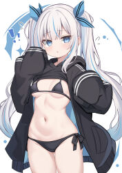 Rule 34 | !, !!, 1girl, :o, absurdres, ahhien, bikini, bikini under clothes, black bikini, black jacket, black shirt, blue eyes, blue hair, blue ribbon, breasts, clothes lift, commentary request, double vertical stripe, flying sweatdrops, gluteal fold, grey hair, hair ribbon, hands up, highres, jacket, lifted by self, light blush, long hair, long sleeves, looking at viewer, multicolored hair, navel, open clothes, open jacket, original, parted lips, ribbon, shirt, shirt lift, side-tie bikini bottom, sleeves past fingers, sleeves past wrists, small breasts, solo, stomach, streaked hair, swimsuit, thigh gap, twintails, two-sided fabric, two-sided jacket, very long hair, white background