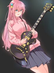Rule 34 | 1girl, blue eyes, bocchi the rock!, cube hair ornament, electric guitar, fingernails, gibson les paul, gotoh hitori, grey background, grey skirt, guitar, hair between eyes, hair ornament, highres, holding, holding instrument, instrument, jacket, long hair, music, ninchan, one side up, pink hair, pink jacket, playing instrument, pleated skirt, skirt, solo, sweatdrop