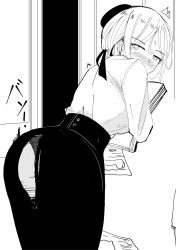 Rule 34 | 1girl, ^^^, absurdres, ass, bad id, bad twitter id, blush, commentary request, covered mouth, earrings, greyscale, hair ribbon, high-waist skirt, highres, jewelry, leaning forward, looking back, monochrome, nose blush, hugging object, original, panties, paper stack, ribbon, shirt, skirt, solo, surio, sweat, torn clothes, torn skirt, underwear, wardrobe malfunction