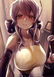 Rule 34 | 1girl, absurdres, apron, bags under eyes, bare shoulders, blush, breasts, bright pupils, broken mirror, collarbone, eyelashes, female focus, fisheye, from above, hair ribbon, heart, highres, holding, holding ladle, huge breasts, kitchen, ladle, legs, long hair, looking at viewer, mirror, naked apron, open mouth, purple hair, red eyes, ribbon, slit pupils, smile, solo, standing, todakenji, white apron, white pupils