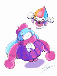Rule 34 | 2girls, beret, blue hair, blush stickers, claycia, closed eyes, elline (kirby), fairy, fairy wings, hair over eyes, hat, kirby (series), kirby and the rainbow curse, long hair, multicolored hair, multiple girls, nintendo, own hands together, pink scarf, rayman limbs, scarf, signature, simon (kabo chips), simple background, very long hair, white background, wings