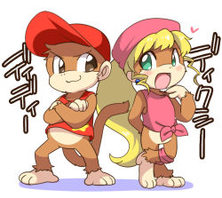 Rule 34 | 1boy, 1girl, :3, :o, ape, arm behind back, barefoot, baseball cap, beret, blonde hair, blush, bottomless, brown eyes, chimpanzee, couple, crossed arms, diddy kong, dixie kong, donkey kong (series), drill hair, earrings, eromame, feet, furry, green eyes, hat, heart, jewelry, long hair, looking at another, monkey, monkey tail, nintendo, open mouth, pink headwear, ponytail, red headwear, shy, simple background, smile, standing, tail, text focus, toes, translated, twin drills, white background