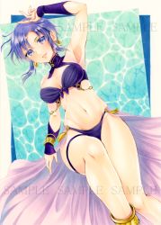 Rule 34 | 1girl, alternate costume, alto2019, anklet, arm up, arm warmers, armpits, bad id, bad pixiv id, bare legs, bikini, blue eyes, blue hair, breasts, center opening, cleavage, cleavage cutout, clothing cutout, earrings, fire emblem, fire emblem: the blazing blade, fire emblem heroes, high collar, hoop earrings, jewelry, lips, looking at viewer, marker (medium), medium breasts, navel, nintendo, parted bangs, purple bikini, sample watermark, sarong, short hair, smile, solo, swimsuit, thigh strap, thighs, traditional media, ursula (fire emblem), ursula (summer) (fire emblem), water, watermark