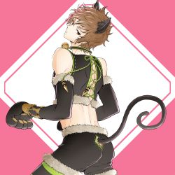 Rule 34 | 1boy, adapted costume, animal ears, animal hands, bell, black gloves, black shorts, brown eyes, brown hair, cat boy, cat ears, cat tail, choker, collar, cowboy shot, crop top, elbow gloves, fur trim, gloves, gran (granblue fantasy), granblue fantasy, kemonomimi mode, knights of glory, lace-up, looking at viewer, looking back, male focus, neck bell, nekomancer (granblue fantasy), paw gloves, pink background, shorts, simple background, solo, su-gu-ru, tail