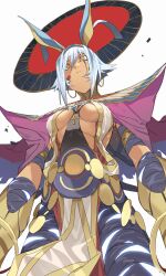 Rule 34 | 1girl, absurdres, animal ears, ankh, antenna hair, armlet, bandages, belly chain, black bandages, black hair, bracelet, bracer, breasts, cape, center opening, colored inner hair, dark-skinned female, dark skin, dress, earrings, facepaint, facial mark, fate/grand order, fate (series), glowing skin, gold trim, hairband, highres, hoop earrings, jackal ears, jewelry, looking at viewer, medium breasts, multicolored hair, nitocris (fate), nitocris alter (fate), pelvic curtain, pretty-purin720, red cape, short hair, sidelocks, solo, streaked hair, thighlet, thighs, usekh collar, white dress, white hair, yellow eyes