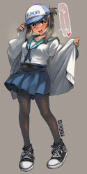 1girl adapted_costume alternate_hairstyle baseball_cap black_footwear black_hair black_pantyhose blue_sailor_collar blue_skirt breath brown_eyes ergot folded_ponytail fubuki_(kancolle) grey_background hat highres jacket kantai_collection looking_at_viewer open_mouth pantyhose pleated_skirt sailor_collar sailor_shirt shirt shoes simple_background skirt smile sneakers solo standing white_jacket white_shirt