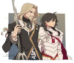 Rule 34 | 2boys, armor, asaya minoru, beard, black hair, black jacket, breastplate, brown eyes, brown hair, cloak, closed mouth, constantine xi (fate), earrings, english text, facial hair, fate/apocrypha, fate (series), forehead, frilled sleeves, frills, grey sweater, holding, jacket, jewelry, long hair, long sleeves, looking away, male focus, multiple boys, mustache, parted bangs, ribbed sweater, smile, sweater, turtleneck, turtleneck sweater, twitter username, upper body, v-shaped eyebrows, vlad iii (fate/apocrypha), white cloak