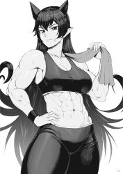 Rule 34 | 1girl, abs, absurdres, azazel ameri, bare shoulders, breasts, closed mouth, commission, crop top, greyscale, highres, large breasts, leggings, long hair, mairimashita! iruma-kun, midriff, monochrome, muscular, muscular female, navel, pointy ears, solo, speedl00ver, sweat, tank top, towel