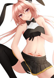 Rule 34 | 1boy, :q, alternate hairstyle, animal ears, astolfo (fate), astolfo (saber) (fate), bad id, bad pixiv id, bare shoulders, black bow, black gloves, black skirt, black thighhighs, blush, bow, bowtie, bulge, bustier, crop top, fate/apocrypha, fate/grand order, fate (series), gloves, hair between eyes, hair intakes, head tilt, heart, heart-shaped pupils, highres, long hair, looking at viewer, male focus, midriff, miniskirt, naughty face, navel, pink hair, pleated skirt, pubic tattoo, purple eyes, rabbit ears, rko (a470350510), skirt, smile, solo, spread legs, symbol-shaped pupils, tattoo, thighhighs, tongue, tongue out, trap, very long hair, white background