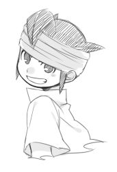 Rule 34 | 1boy, endou mamoru, greyscale, grin, headband, inazuma eleven, inazuma eleven (series), looking at viewer, lowres, male focus, monochrome, petagon, short hair, simple background, sketch, smile, solo, upper body, white background