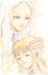 Rule 34 | 00s, 2girls, age difference, blonde hair, child, clare (claymore), claymore (series), closed eyes, closed mouth, grey eyes, hug, long hair, multiple girls, onee-loli, purple eyes, sidelocks, simple background, smile, teresa, upper body, very long hair, white background, white hair, yuri