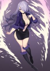 Rule 34 | 1girl, absurdres, alternate costume, black choker, black dress, black footwear, boots, breasts, camilla (fire emblem), center opening, choker, cleavage, cosplay, dress, fire emblem, fire emblem fates, fishnet top, fishnets, full body, fur-trimmed boots, fur-trimmed jacket, fur trim, highres, impossible clothes, jacket, knee boots, large breasts, looking at viewer, mari48240422, navel, nintendo, open clothes, open jacket, plunging neckline, purple eyes, purple hair, shermie (kof), shermie (kof) (cosplay), side slit, solo, the king of fighters, wavy hair