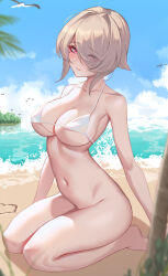 Rule 34 | 1girl, barefoot, beach, bikini, bikini top only, blush, bottomless, breasts, brown hair, chinese commentary, cleavage, closed mouth, collarbone, commentary request, eyes visible through hair, hair over one eye, highres, honkai (series), honkai impact 3rd, kneeling, large breasts, looking at viewer, medium hair, navel, ocean, pink eyes, rita rossweisse, ruo zhishi chu jian, sideboob, solo, stomach, swimsuit, thighs, underboob, water, white bikini