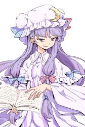 Rule 34 | 1girl, bags under eyes, blue bow, blue ribbon, book, bow, commentary, crescent, crescent hat ornament, crescent pin, dress, hair bow, hat, hat ornament, hat ribbon, holding, holding book, long hair, looking at viewer, maguro (mawaru sushi), mob cap, narrowed eyes, open book, open mouth, patchouli knowledge, purple eyes, purple hair, red bow, red ribbon, ribbon, simple background, smile, smirk, solo, striped clothes, striped dress, touhou, vertical-striped clothes, vertical-striped dress, very long hair, white background, wide sleeves