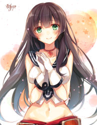 Rule 34 | 10s, 1girl, agano (kancolle), black hair, blunt bangs, breasts, gloves, green eyes, kantai collection, large breasts, long hair, looking at viewer, midriff, one-hour drawing challenge, personification, school uniform, signature, skirt, solo, steepled fingers, toosaka asagi, white gloves